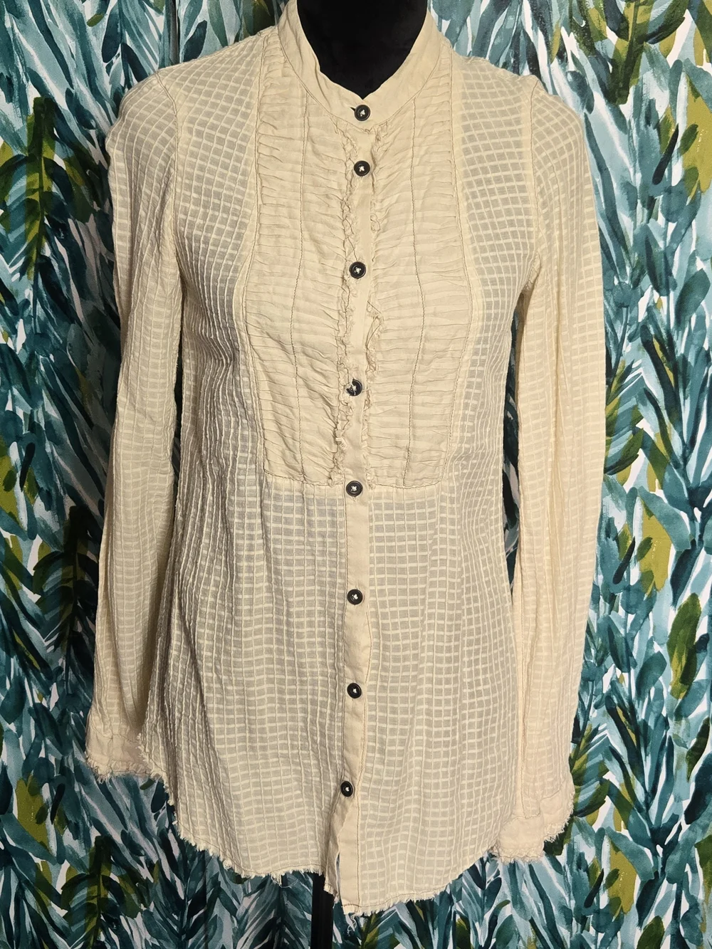 FREE PEOPLE Cream Pleated Bodice Grid Pattern Raw Ruffle Trim Peasant Top Sz 2